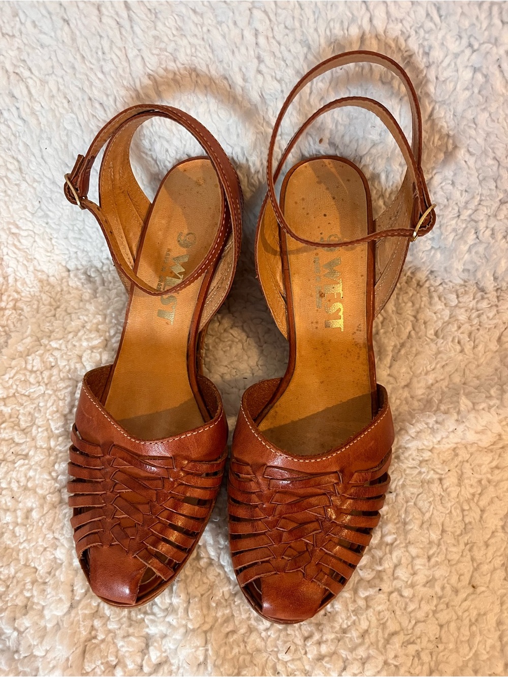 Vintage 9 Nine West Women's Size 8 Leather Slingback Wedge Heels Woven Boho 70s